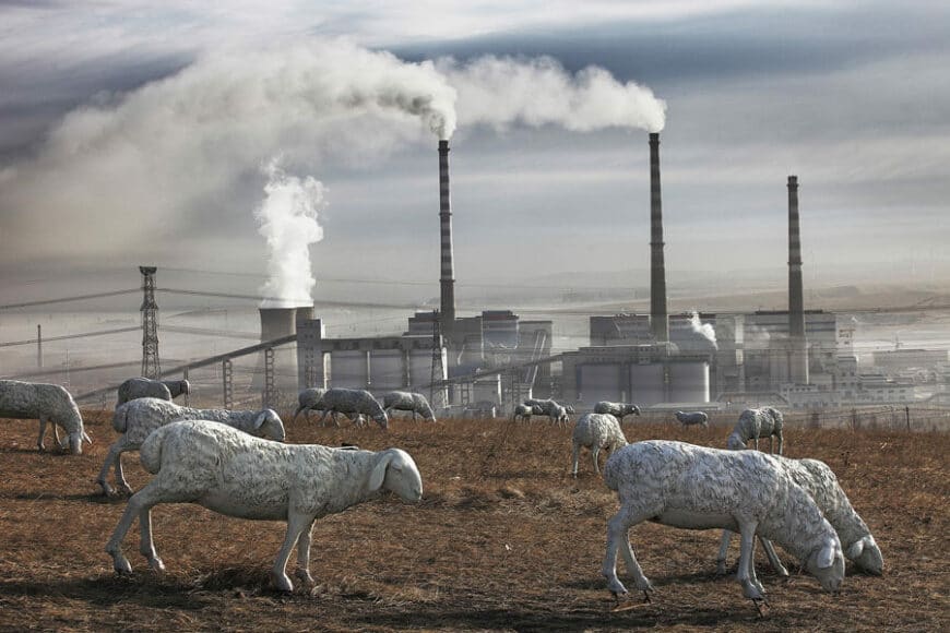Als Ersatz für Rinder und Schafe, die es dort immer weniger gibt, stellte die Bezirksregierung auf dem Weideland
Horqin Tierplastiken auf. Holingol, Innere Mongolei, April 2012, Potograph © Lu Guang (Contact Press Images)