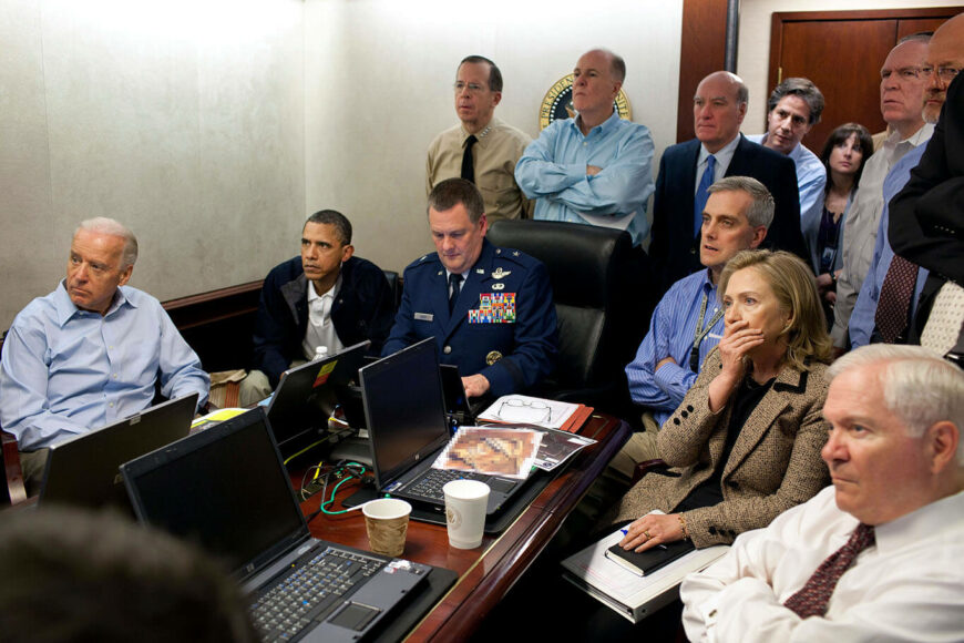 PETE SOUZA. »Situation Room« Barack Obama and Joe Biden, along with members of the national security team, receive an update on Operation Neptune's Spear, a mission against Osama bin Laden Washington, D.C., 2011. © Pete Souza / Courtesy of CAMERA WORK Gallery.
