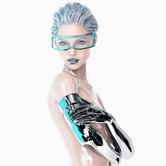 Model Dagny im futuristischen Cyborg-Look. Diese Computergenerierung war mit ihren realistisch anmutenden Reflexionen aufwändig und ringt so manch anderen Designern sicher Anerkennung ab. 